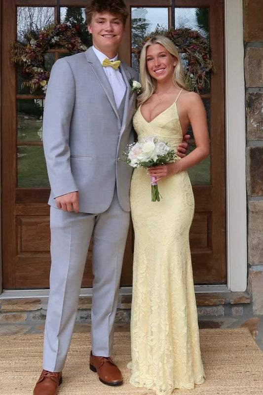 Gorgeous V Neck Spaghetti Straps Yellow Lace Appliques Prom Dress LD16011501