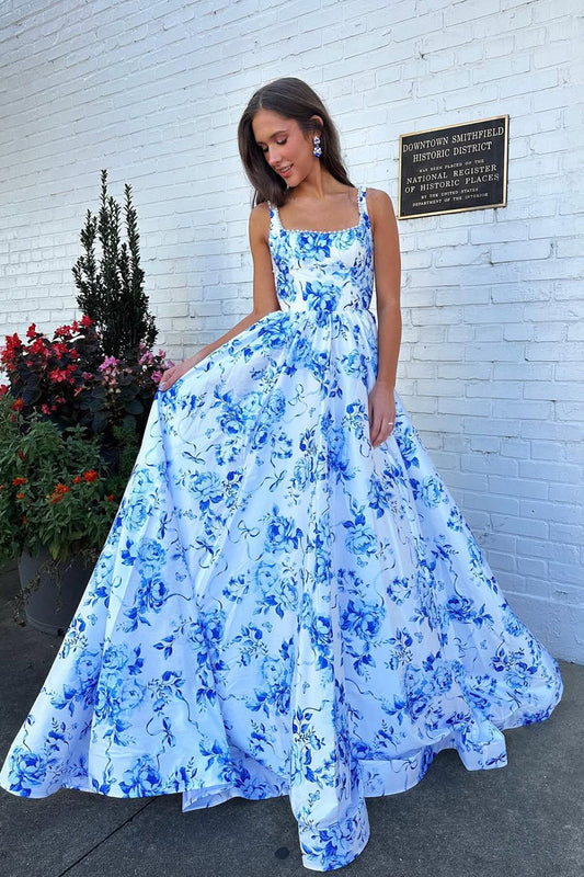 A-Line Square Neck Blue Floral Printed Satin Long Prom Dresses with Pearls LD16012001