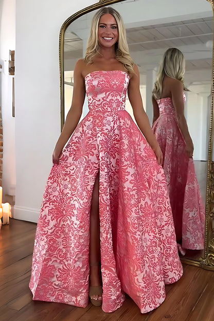 Pretty A-Line Strapless Jacquard Satin Pink Long Prom Dresses LD26011902