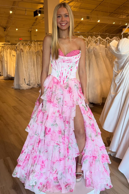Cute A Line Sweetheart Pink Floral Chiffon Tiered Prom Dress LD011509