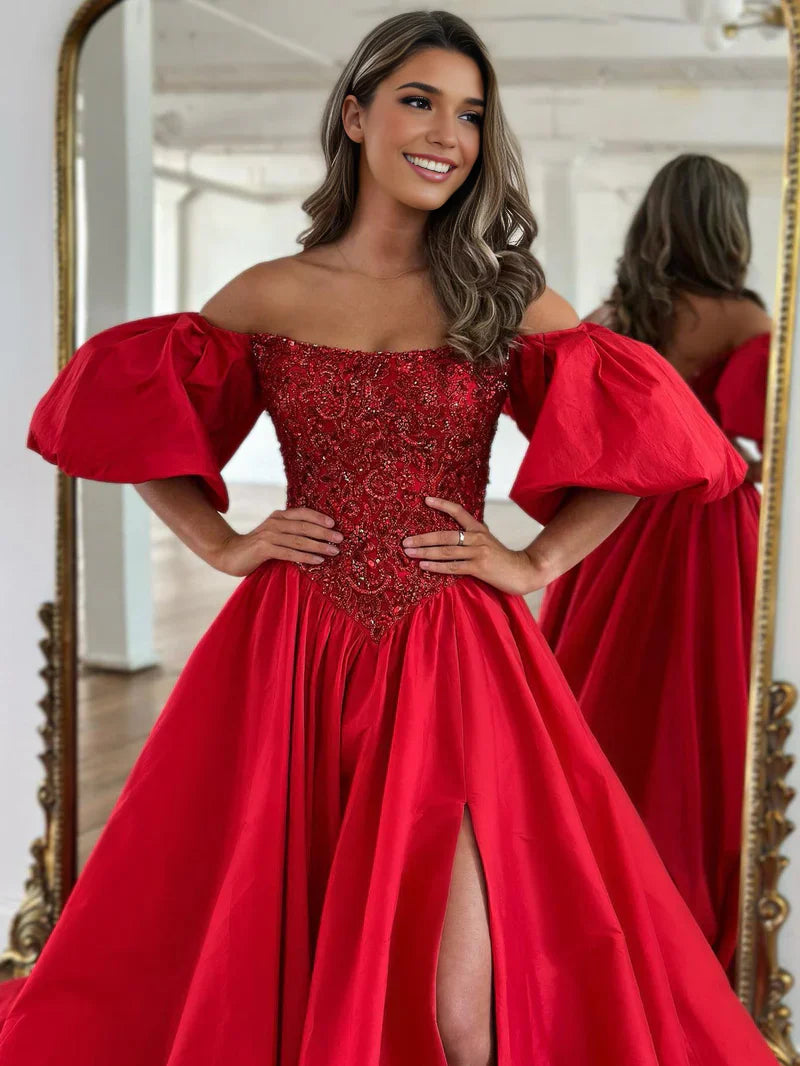 Liana | Off-the-Shoulder A-Line Taffeta Prom Dress with Puffy Short Sleeves