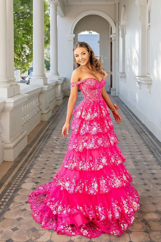 Charming Ball Gown Sweetheart Pink Sequins Tiered Prom Dresses LD070304