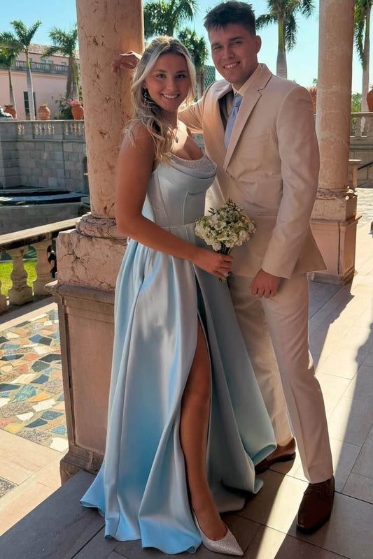 Elegant A-Line Strapless Blue Satin Long Prom Dresses with Slit LD16011502