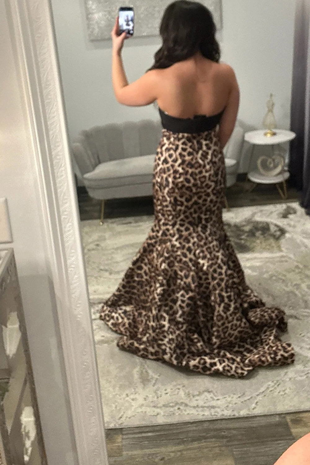 Mermaid Strapless Black Leopard Long Prom Dresses with 3D Flower LD16011202