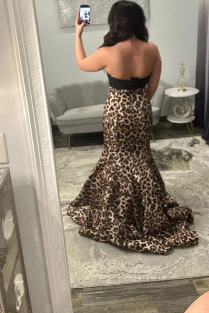 Mermaid Strapless Black Leopard Long Prom Dresses with 3D Flower LD16011202