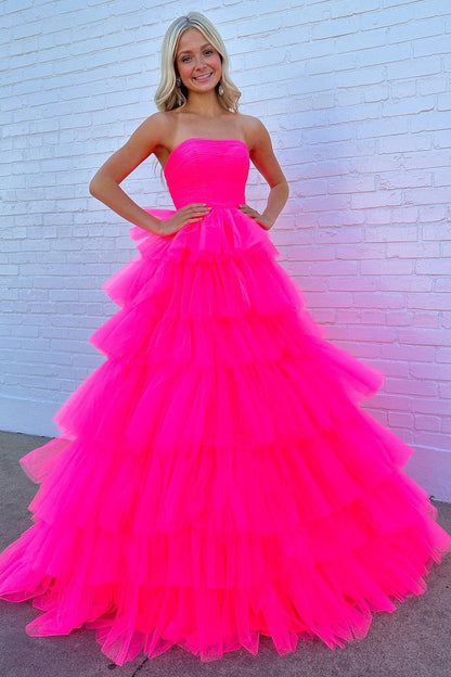 Daleyza | Strapless A-Line Tiered Tulle Prom Dress with Ruffles