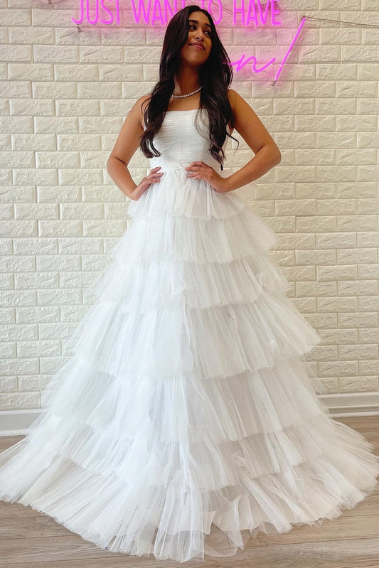 Daleyza | Strapless A-Line Tiered Tulle Prom Dress with Ruffles