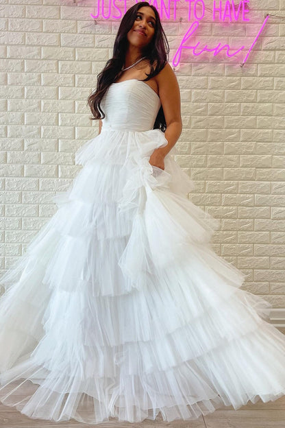 Daleyza | Strapless A-Line Tiered Tulle Prom Dress with Ruffles