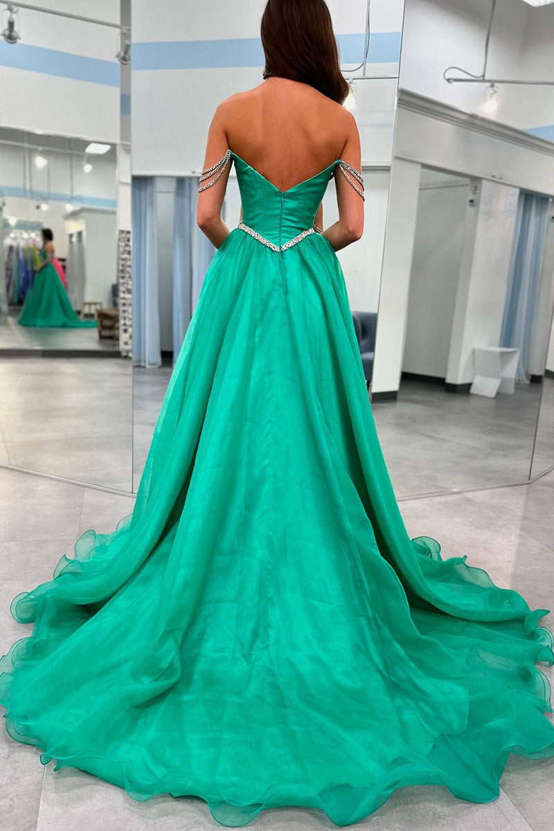 Cute A-Line Sweetheart Green Satin Long Prom Dress with Beaded LD0625110