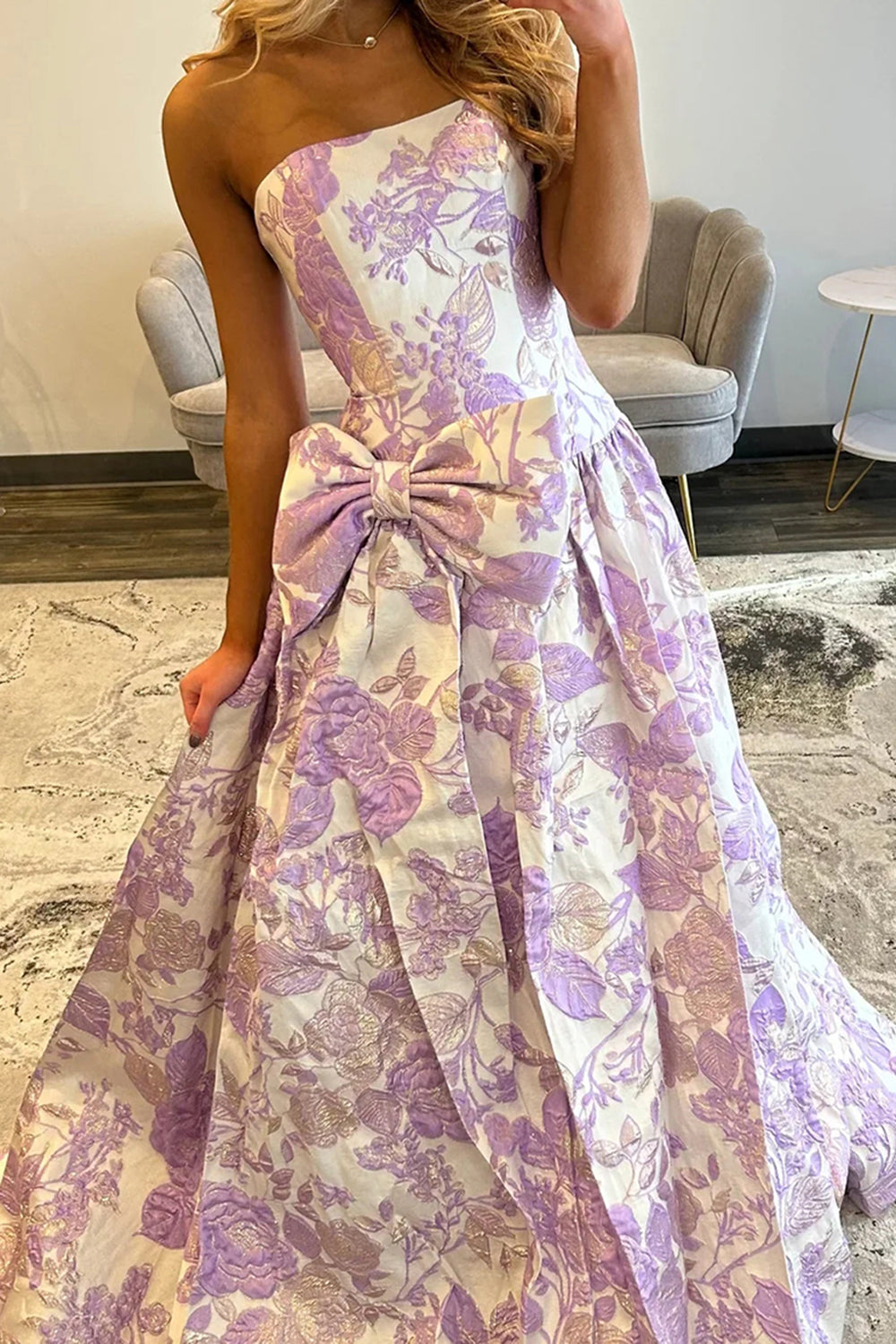 Cute A-Line Strapless Jacquard Satin Purple Flower Long Prom Dresses with Bow LD26011903