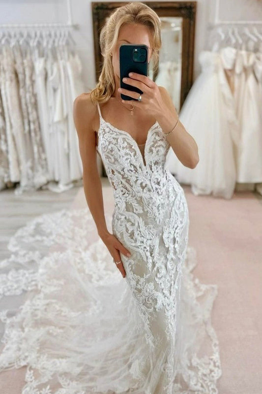 Gorgeous Mermaid V Neck Wedding Dress with Appliques LD062598