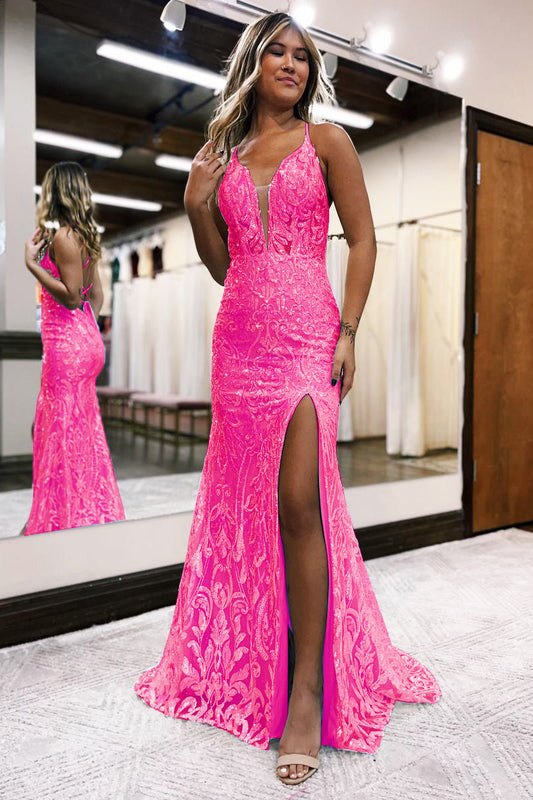 Sparkly Mermaid V Neck Hot Pink Sequins Long Prom Dresses with Slit LD070821