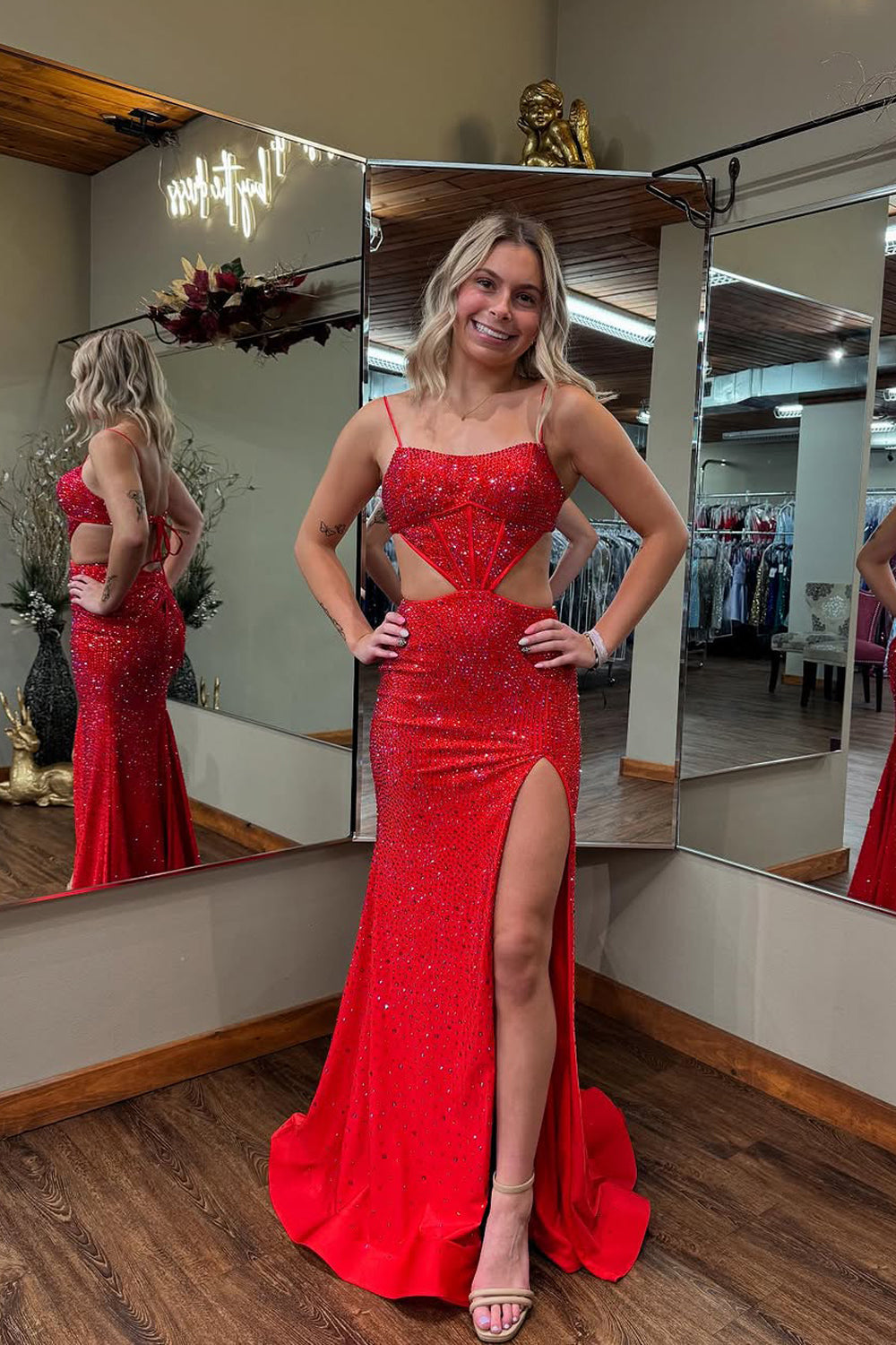 Charming Red Satin Mermaid Prom Dress with Straps and Hot Stone Beading