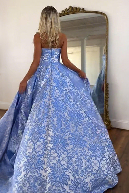 Pretty A-Line Strapless Jacquard Satin Pink Long Prom Dresses LD26011902