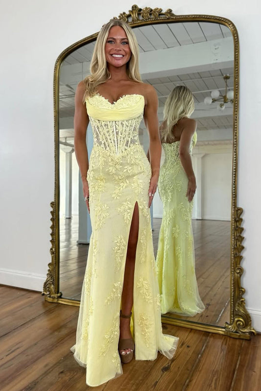Mermaid Strapless Sweetheart Yellow Corset Appliques Long Prom Dresses with Slit LD26012904