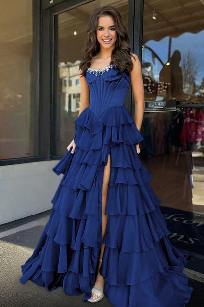 Charming A-Line Strapless Green Chiffon Tiered Long Prom Dresses with Slit  LD16010602