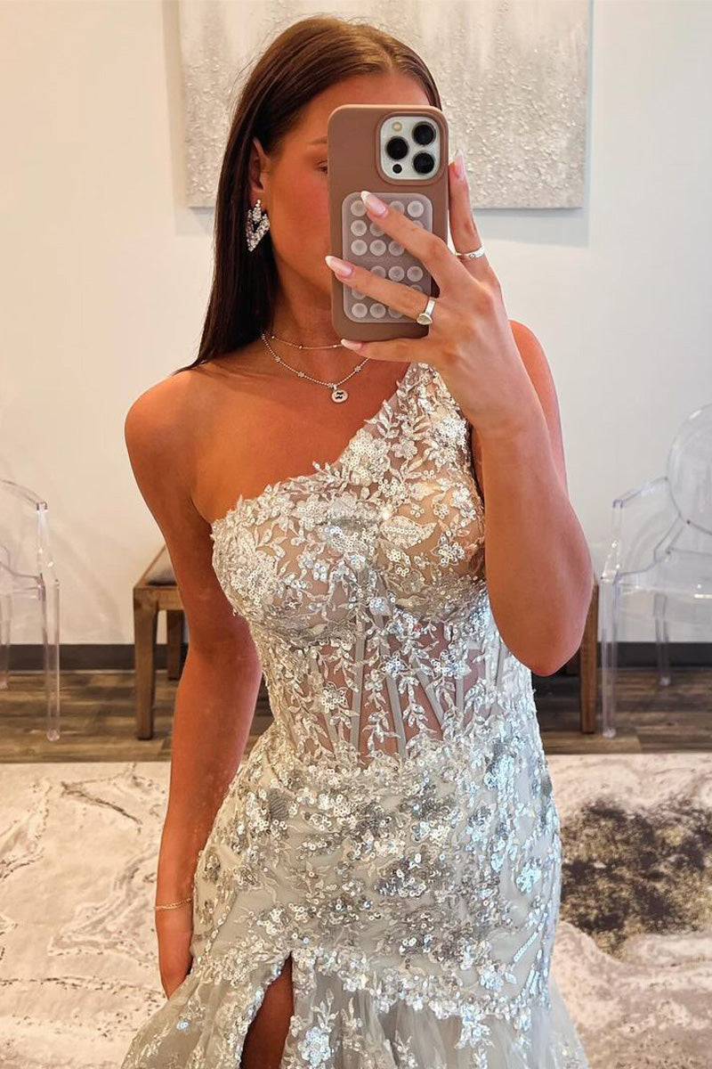 Mermaid One Shoulder Grey Sequins Prom Dress with Slit LD062579