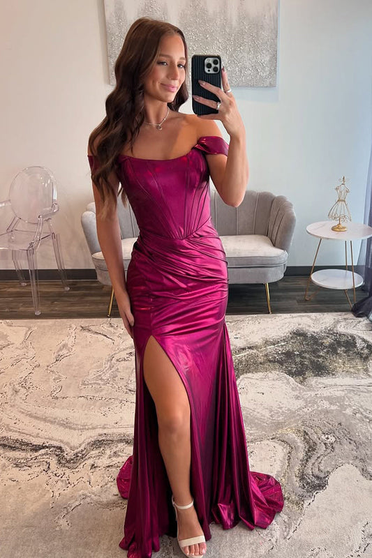 Charming Mermaid Off-the-Shoulder Fuchsia Satin Prom Dress with Slit