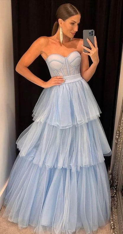 Kaylee | A-Line Long Tulle Prom Dress with Tiered Ruffles