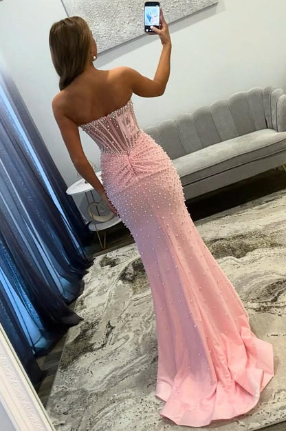 Mermaid Sweetheart Corset Pink Pearls Beaded Long Prom Dresses with Slit LD16010708