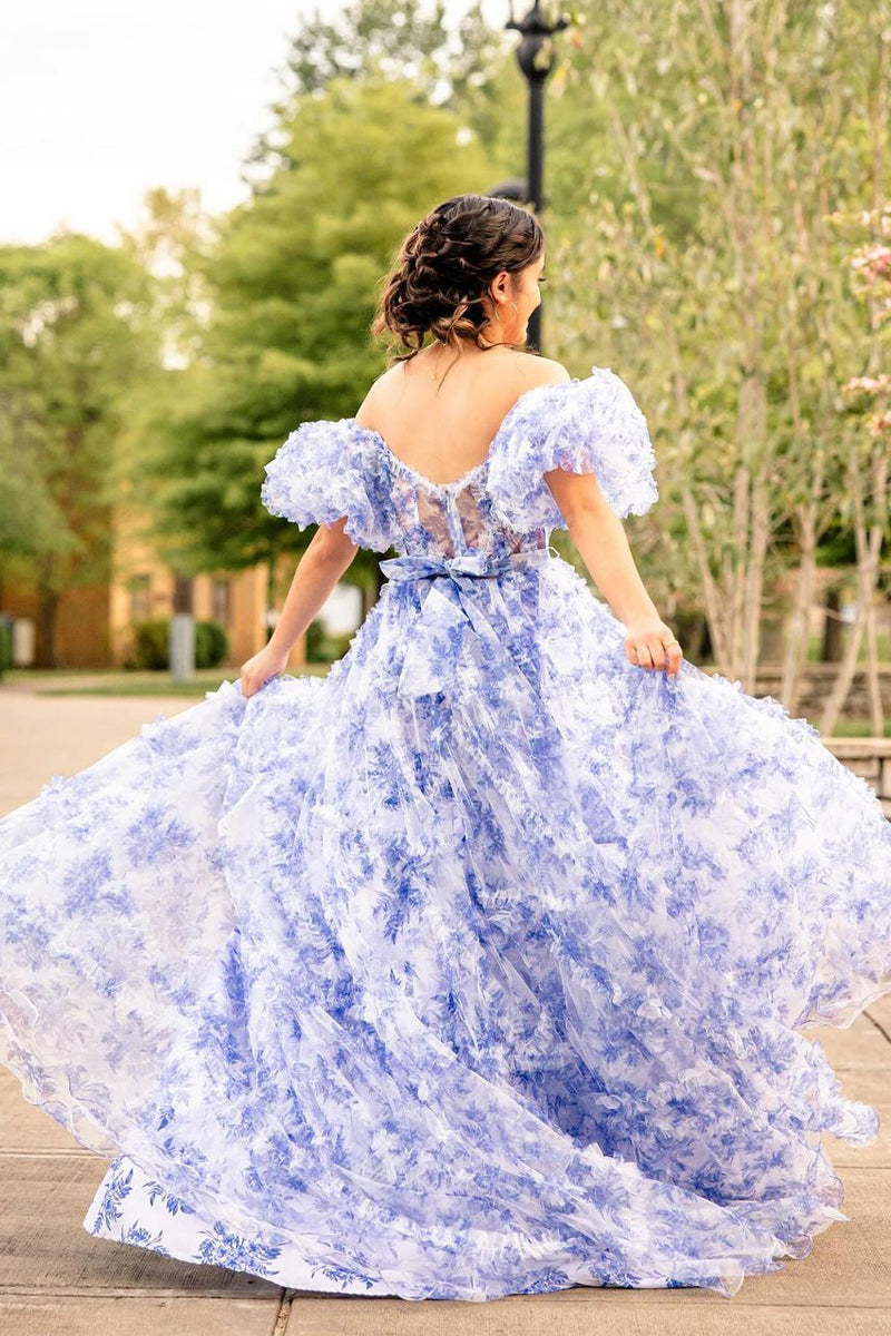 Fairy Ball Gown Tiered Floral Printed Tulle Long Prom Dress LD062575