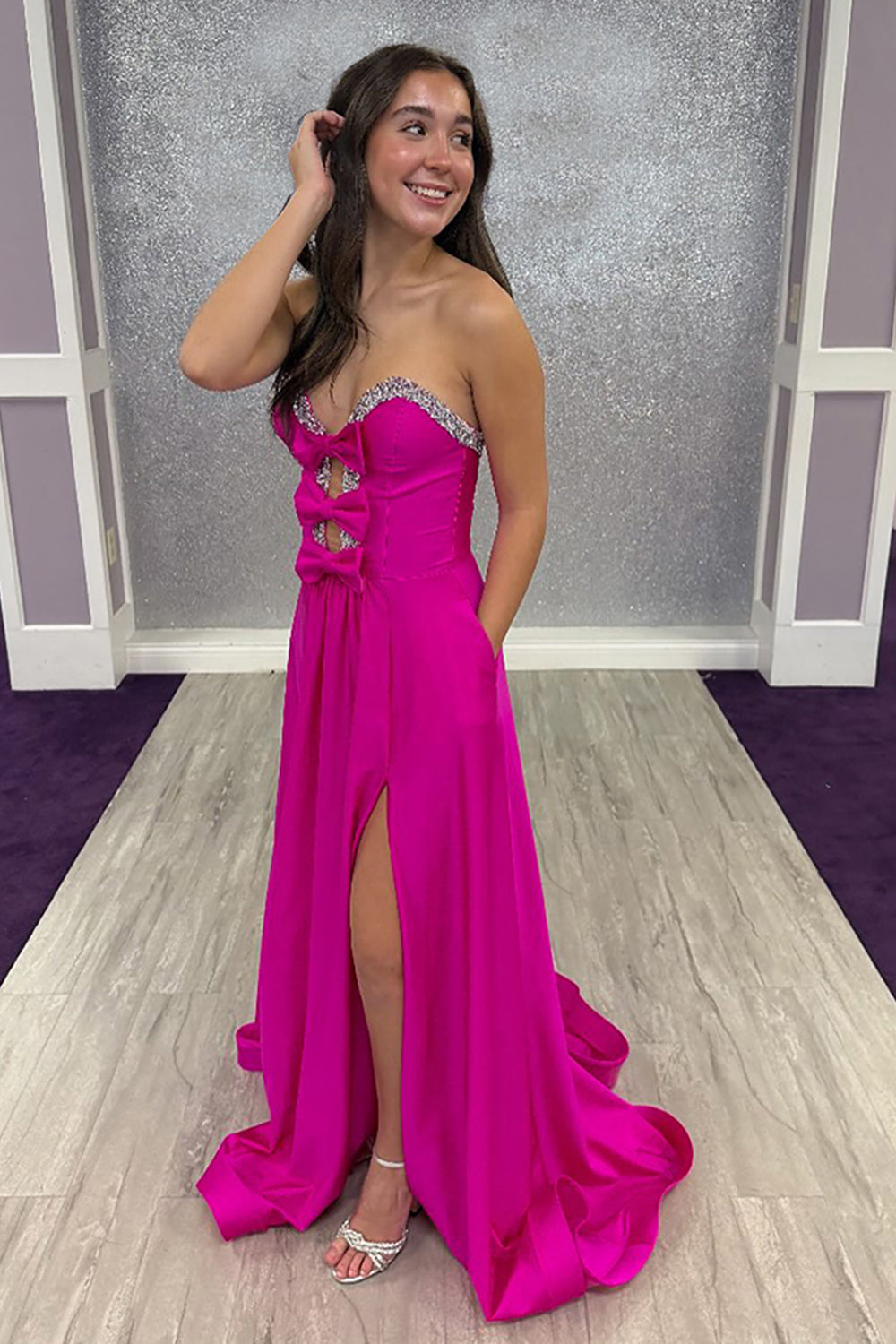 A-Line Sweetheart Keyholes Red Satin Long Prom Dresses with Pockets LD16010503