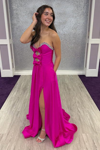 A-Line Sweetheart Keyholes Red Satin Long Prom Dresses with Pockets LD16010503