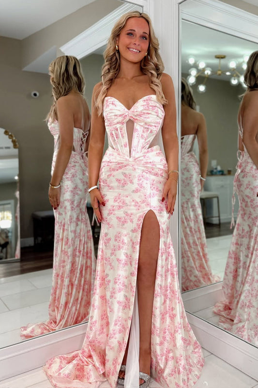 Mermaid Sweetheart Strapless Floral Print Long Prom Dresses with Slit LD26012803