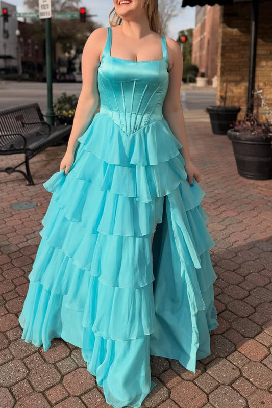 A-Line Square Neck Ruffle Tiered Chiffon Prom Dresses with Slit LD16012708