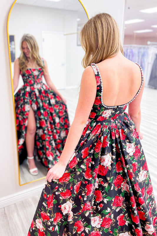 A-Line Square Neck Red Floral Printed Satin Long Prom Dresses with Pearls LD16012010