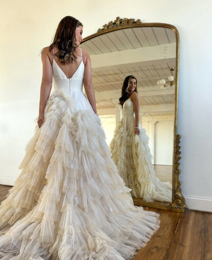 White A-Line Tulle Prom Dress with Deep V-Neck and Tiered Skirt