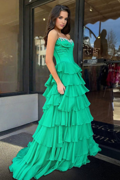 Charming A-Line Strapless Green Chiffon Tiered Long Prom Dresses with Slit LD16010602
