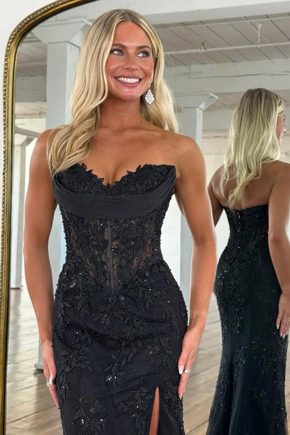 Mermaid Strapless Sweetheart Yellow Corset Appliques Long Prom Dresses with Slit LD26012904