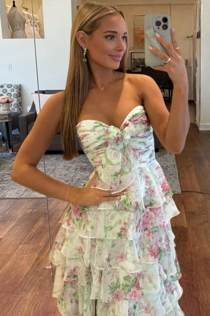 A-Line Strapless Floral Printed Empire-Waist Tiered Long Prom Dresses with Slit LD16011107