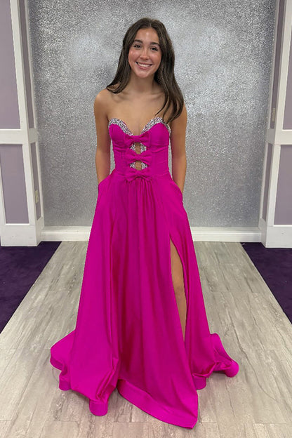 A-Line Sweetheart Keyholes Red Satin Long Prom Dresses with Pockets LD16010503