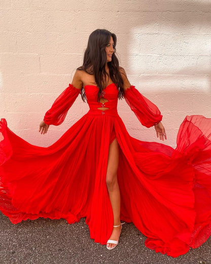 Fairy A Line Sweetheart Ruffled Red Chiffon Long Prom Dresses with Slit LD062903