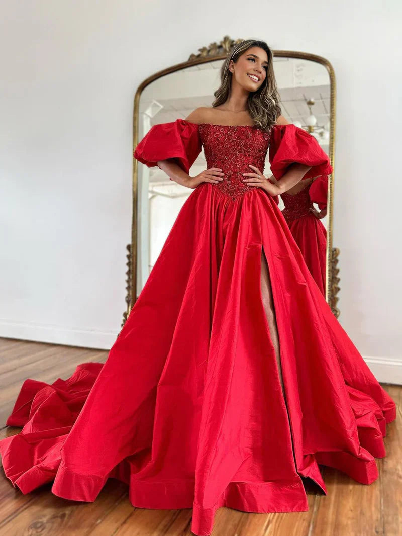 Liana | Off-the-Shoulder A-Line Taffeta Prom Dress with Puffy Short Sleeves