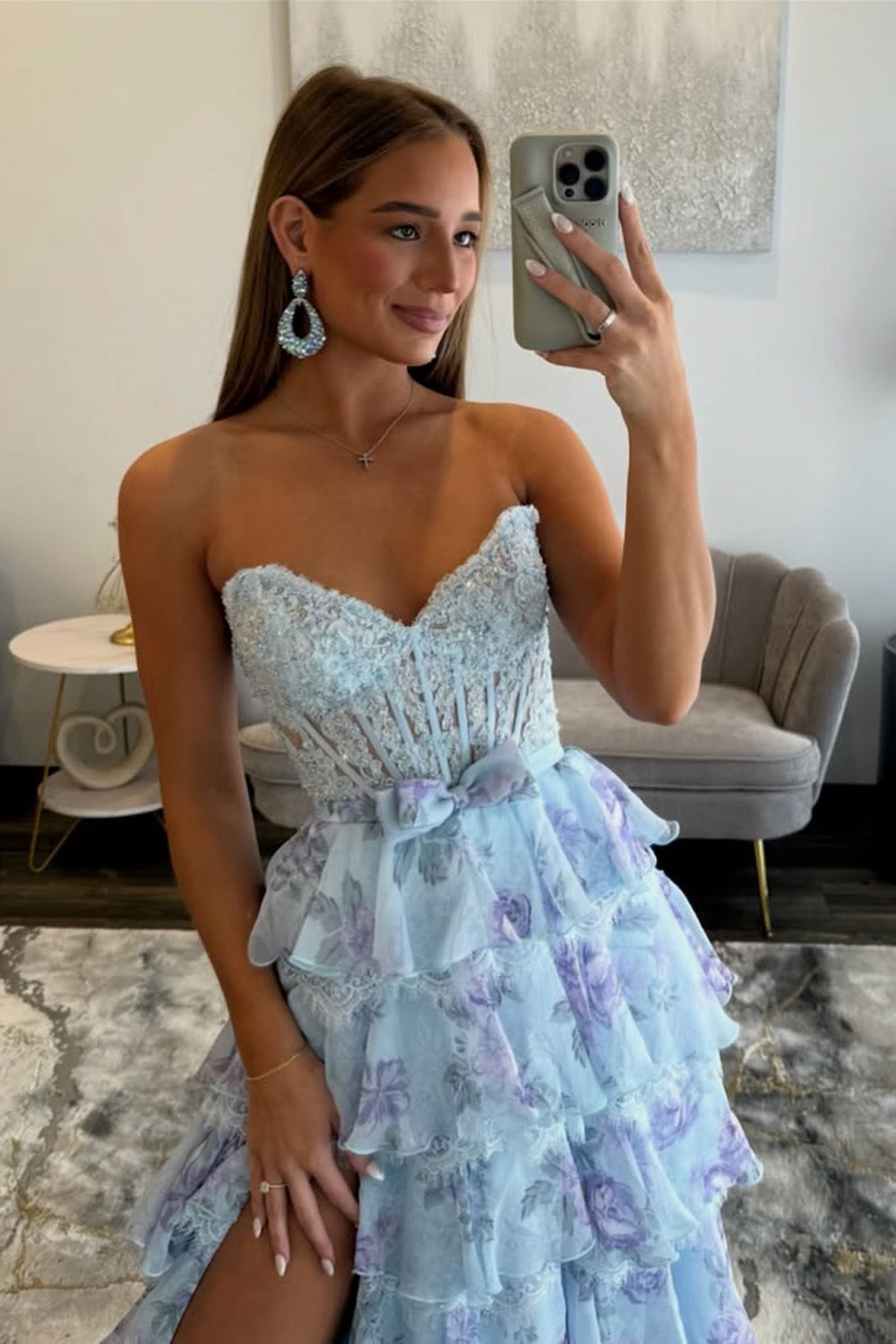 A-Line Strapless Tiered Floral Print Tiered Prom Dresses with Slit LD16012701