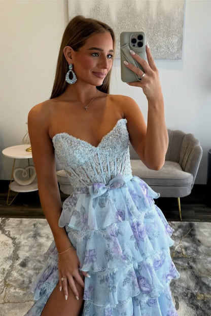 A-Line Strapless Tiered Floral Print Tiered Prom Dresses with Slit LD16012701