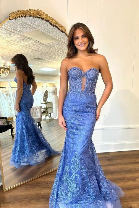 Blue Sweetheart Strapless Mermaid Prom Dress with Lace and Appliqués