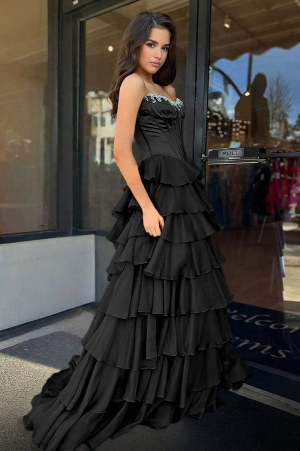 Charming A-Line Strapless Green Chiffon Tiered Long Prom Dresses with Slit  LD16010602