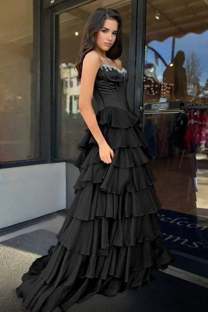 Charming A-Line Strapless Green Chiffon Tiered Long Prom Dresses with Slit  LD16010602
