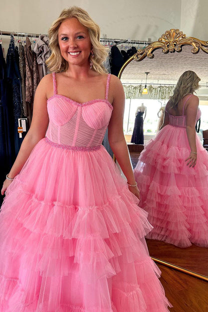 Cute A Line Sweetheart Pink Tiered Tulle Prom Dresses LD062569