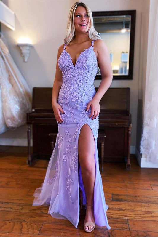 Cute Mermaid V Neck Lavender Lace Prom Dresses with Appliques LD062905