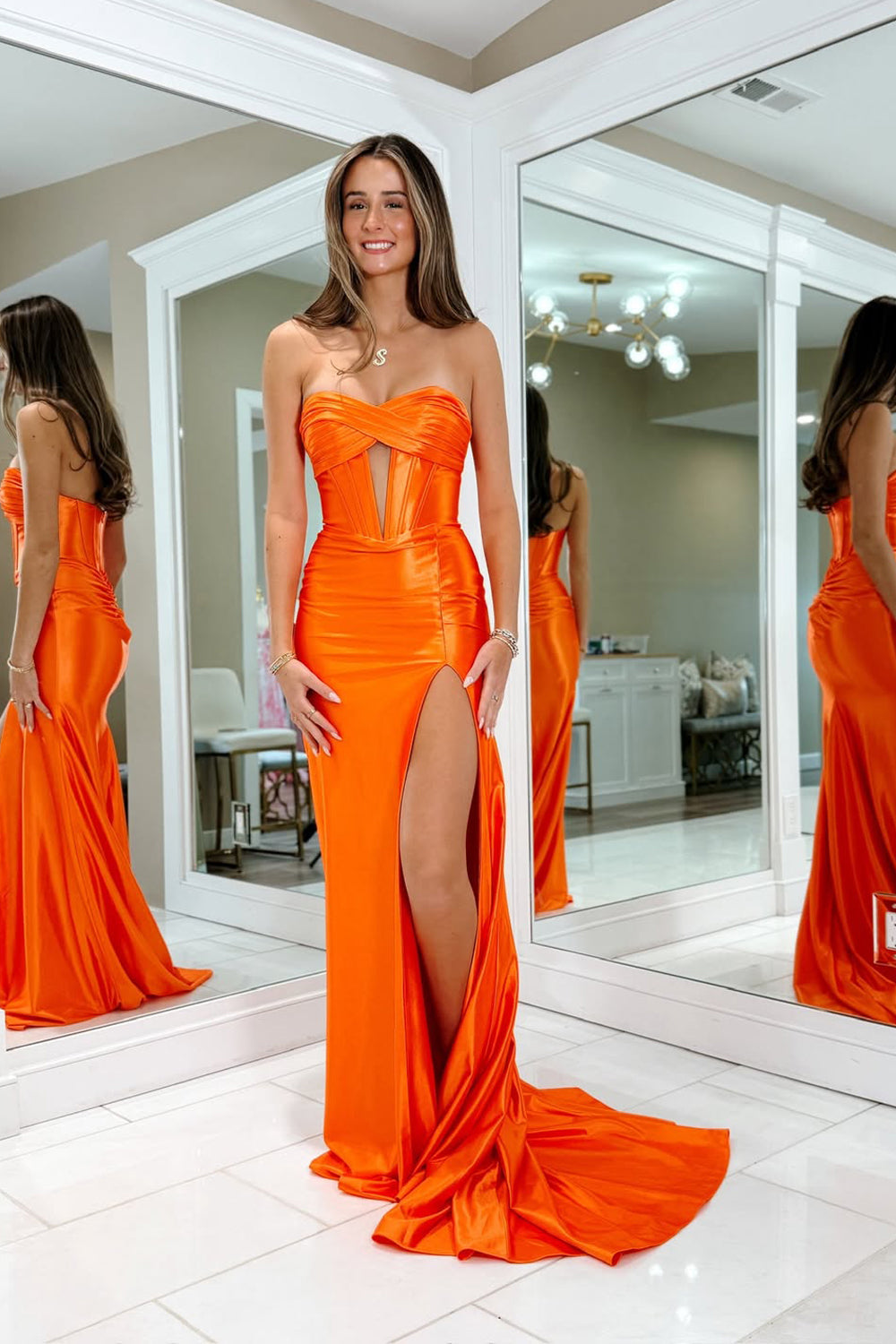 Mermaid Sweetheart Orange Satin Corset Long Prom Dresses with Slit LD26012807