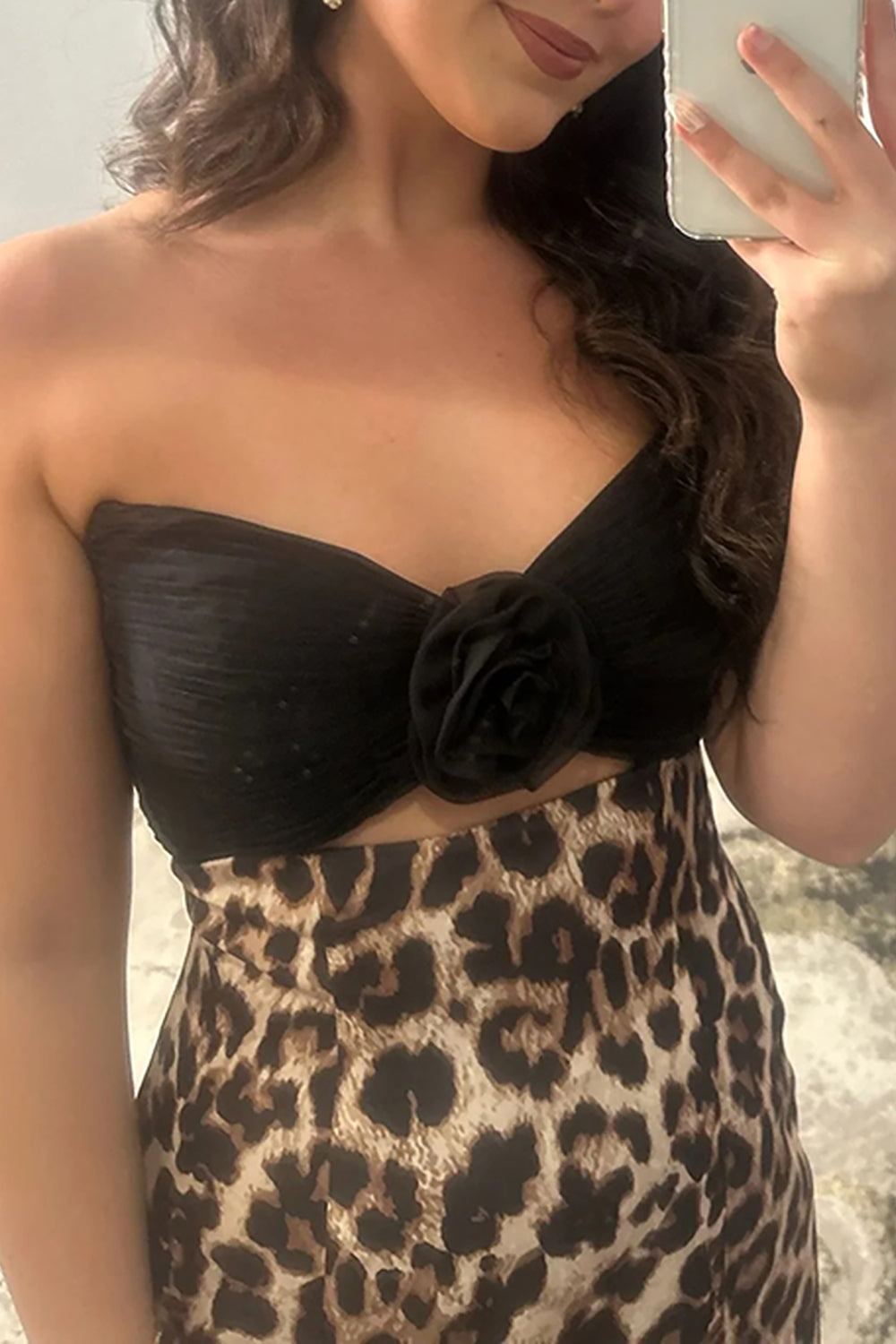 Mermaid Strapless Black Leopard Long Prom Dresses with 3D Flower LD16011202