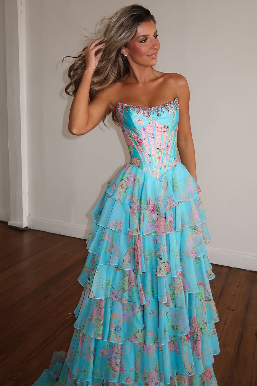 2026 New Arrival A Line Scoop Neck Floral Chiffon Prom Dress with Beading LD16122803