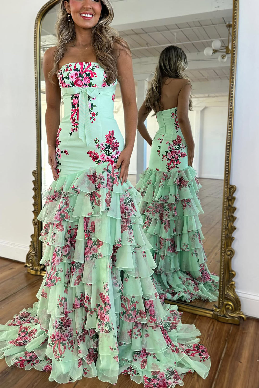 Chic Mermaid Strapless Green Floral Chiffon Tiered Slit Prom Dress LD011501