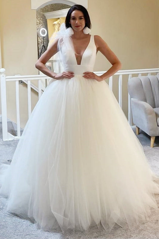 White A-Line Tulle Wedding Dress with Plunge V-Neck and Open Back