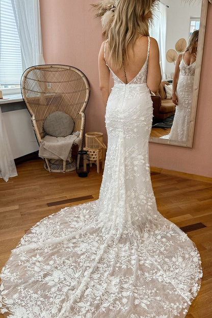 Gorgeous Mermaid V Neck Lace Wedding Dresses LD070604